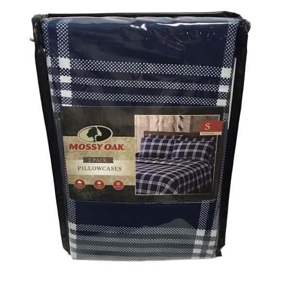 MOSSY OAK PLAID PILLOWCASES (2) STANDARD 20x30" Navy Blue & White - Picture 1 of 3